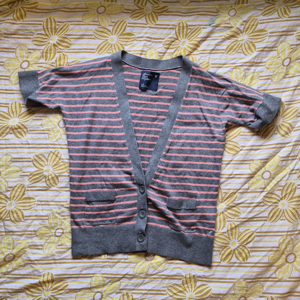 American Eagle Outfitters Women's Gray and Pink Striped Cardigan